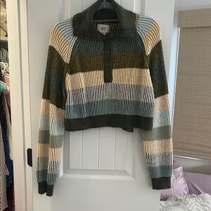 BDG Women's Cowl Neck Striped Sweater - Green, Cream, Gray